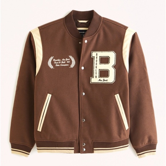 Abercrombie Fitch Size S Varsity Jacket Brooklyn New York Track 1995 Brown Beige - Picture 2 of 12